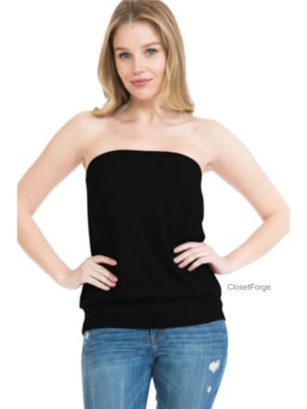 Blouson Tube Top Strapless Double Layer Knit Banded Hem